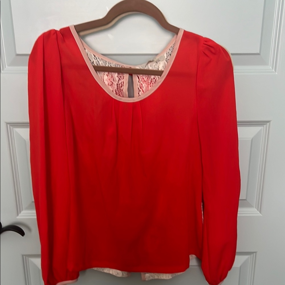 Red Blouse with Billowy Sleeves and Lace Detail with bows